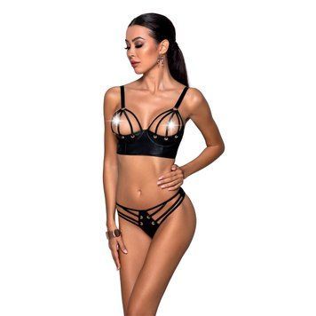 Комплект з екошкіри з люверсами та ремінцями Passion MALWIA BIKINI S/M, black, бра та трусики SO5763 фото