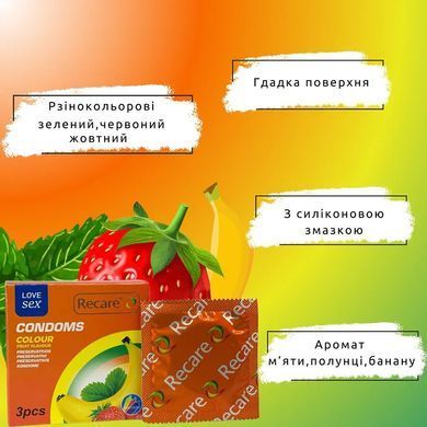 Презервативи Recare Color Fruit Flavour Condoms 3 шт, аромати: м'ята, банан, полуниця SX3318 фото