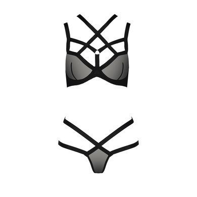 Комплект білизни Passion Exclusive HAGAR SET S/M, black, стрепи, трусики та ліф PS24705 фото