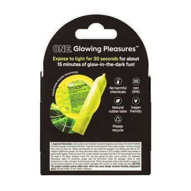 Презервативи ONE Glowing Pleasures, 3 шт, світяться в темряві, зі змазкою, картонне паковання SX0784 фото