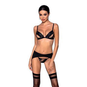 Комплект з екошкіри Passion MILEY SET L/XL, black, трусики, бюстгальтер, пояс для панчіх SO5771 фото